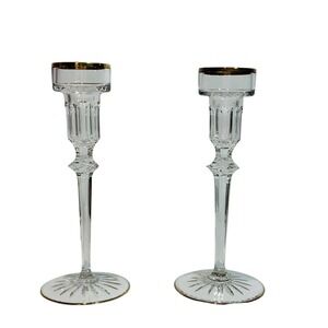 Vintage Rogaška Crystal Candlestick Pair 8″ Gold Trim Cut Glass Classic Elegance